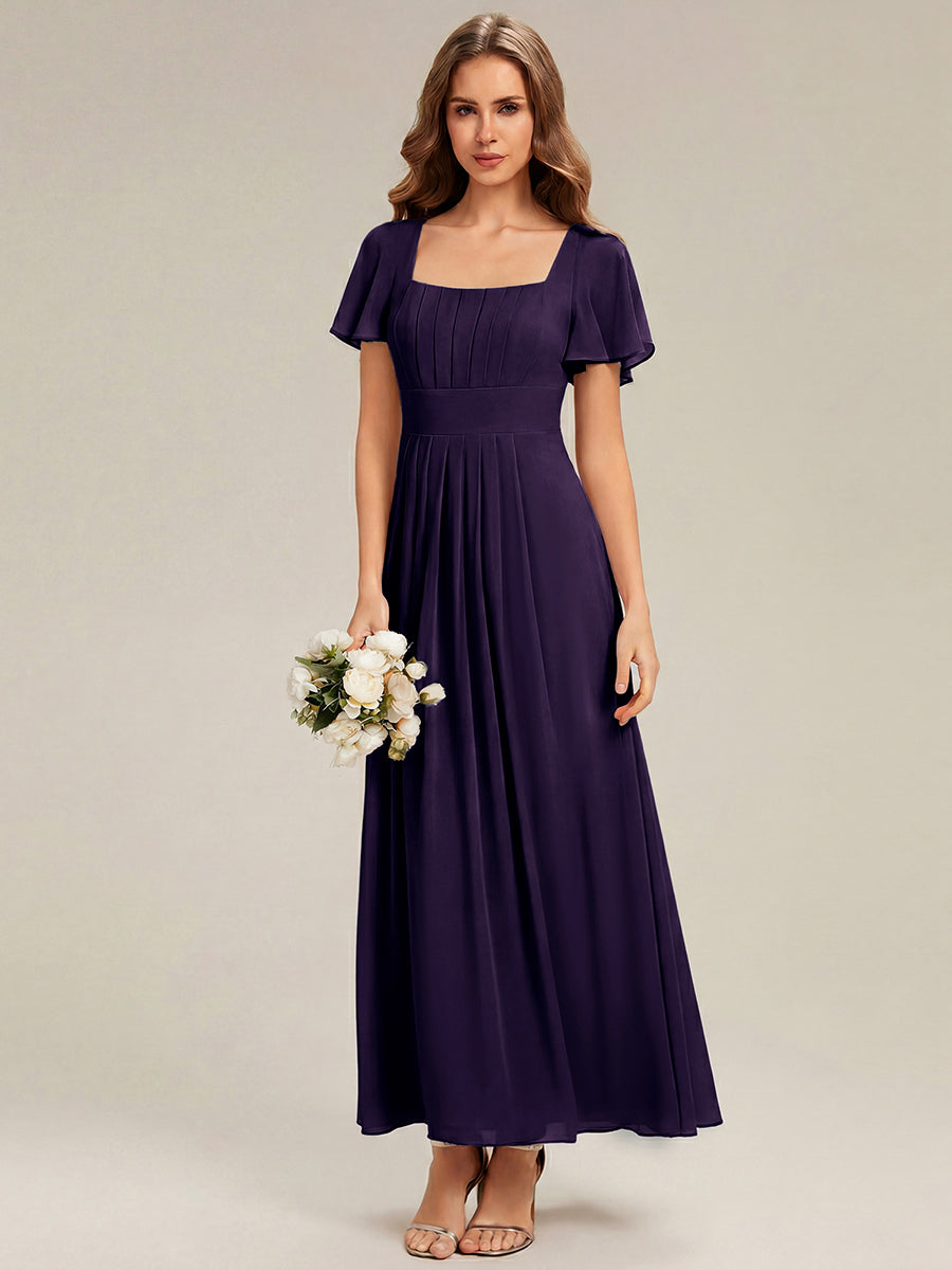 robe longue à manches courtes avec volants dos nu et fronces en forme de A #Couleur_Violet Fonce