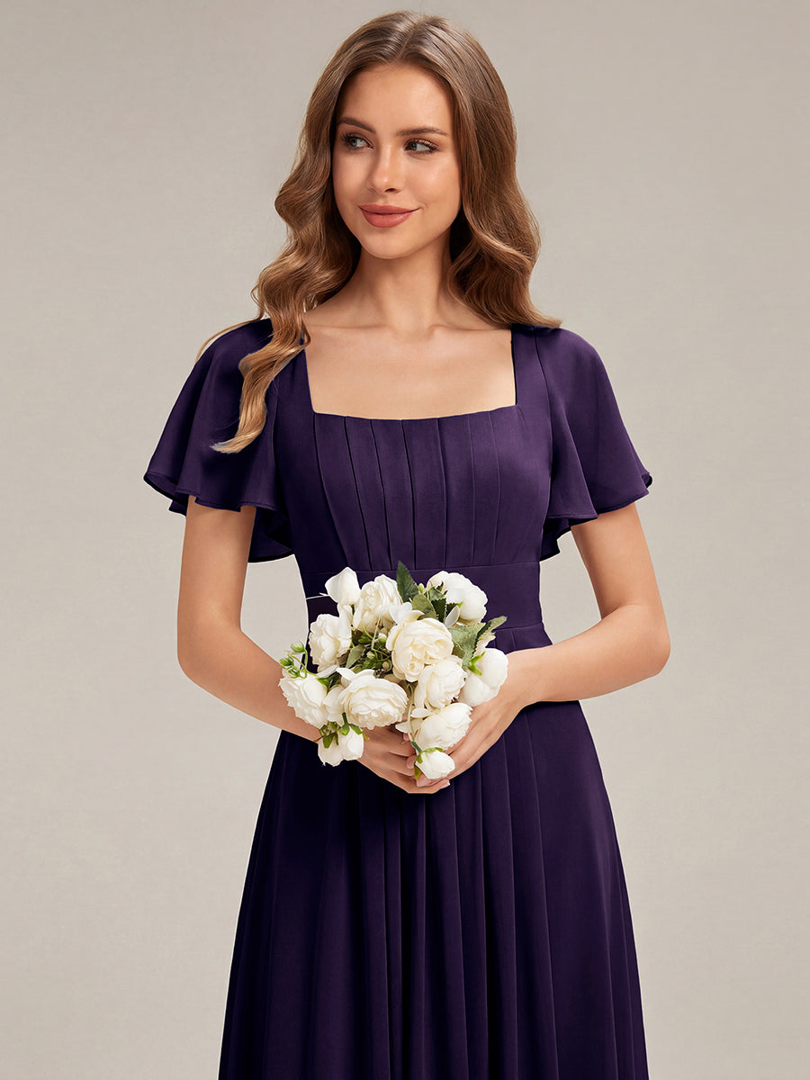 robe longue à manches courtes avec volants dos nu et fronces en forme de A #Couleur_Violet Fonce