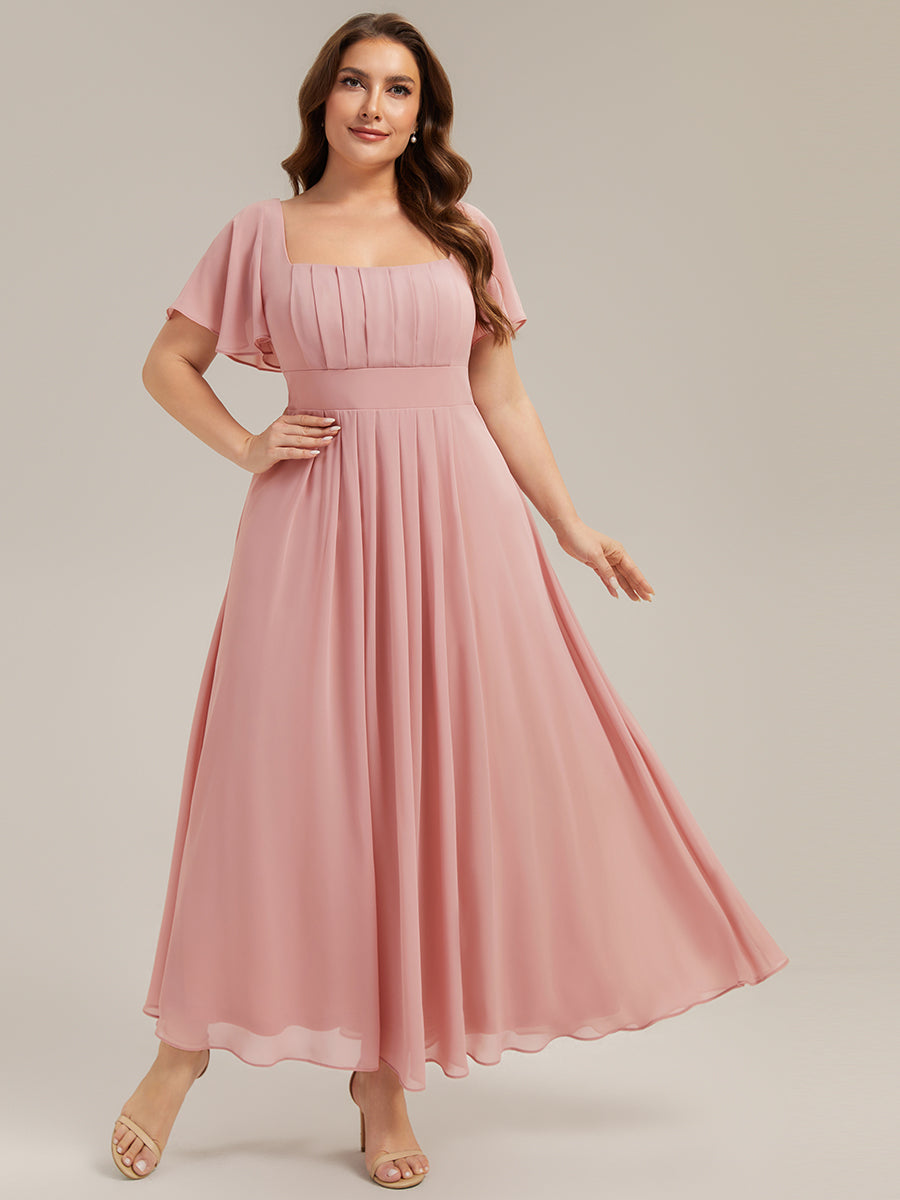 robe longue à manches courtes avec volants dos nu et fronces en forme de A #Couleur_Rose fumee