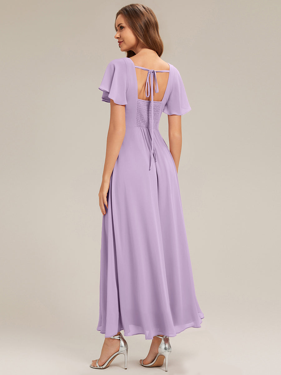 robe longue à manches courtes avec volants dos nu et fronces en forme de A #Couleur_Lilas Givré