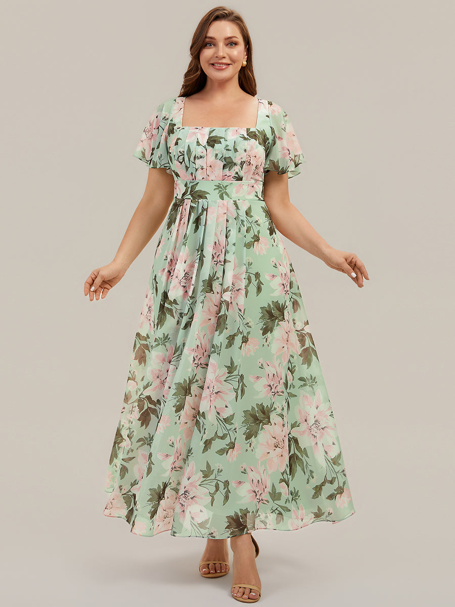 robe longue à manches courtes avec volants dos nu et fronces en forme de A #Couleur_Vert clair à fleurs