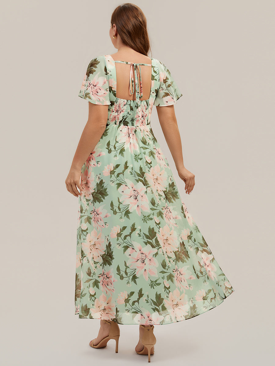 robe longue à manches courtes avec volants dos nu et fronces en forme de A #Couleur_Vert clair à fleurs