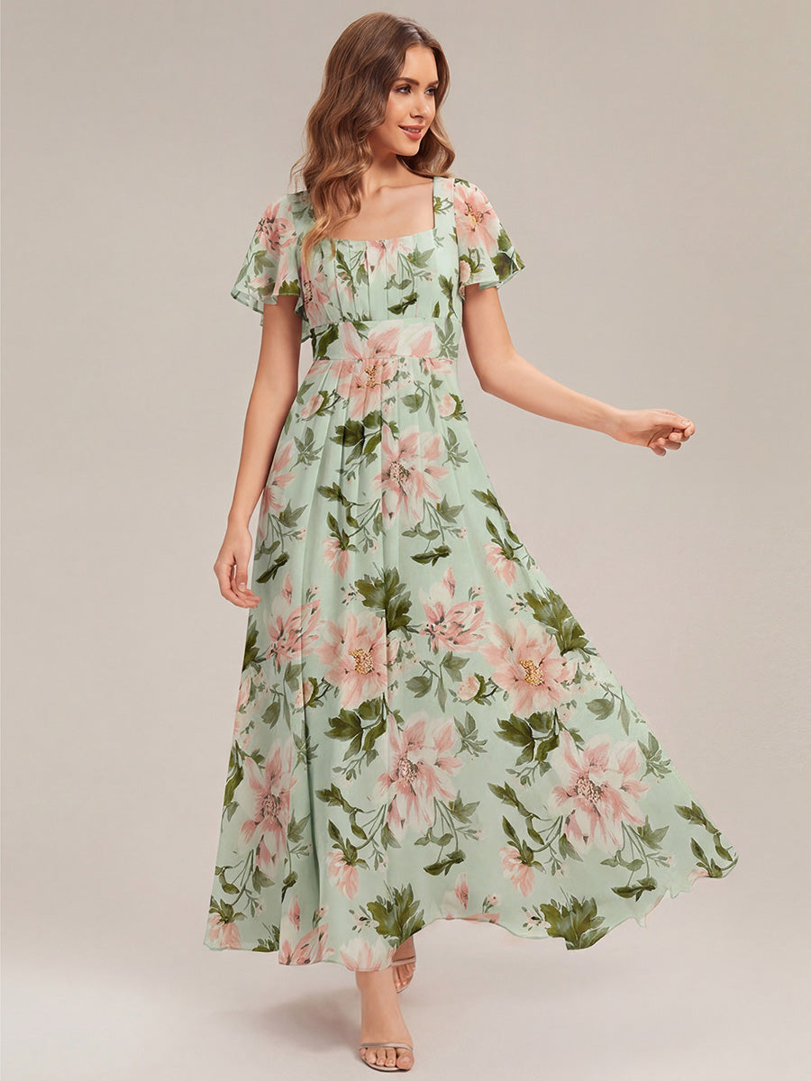 robe longue à manches courtes avec volants dos nu et fronces en forme de A #Couleur_Vert clair à fleurs