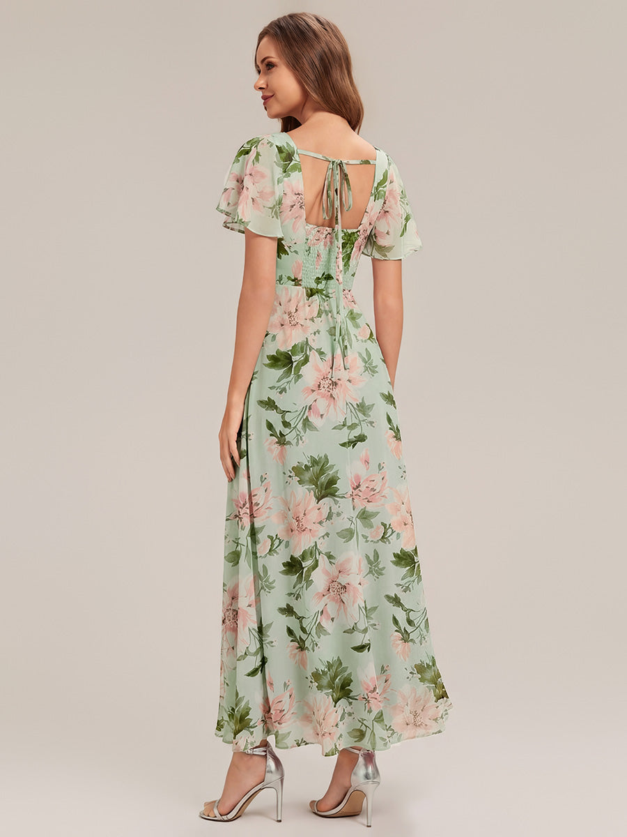 robe longue à manches courtes avec volants dos nu et fronces en forme de A #Couleur_Vert clair à fleurs