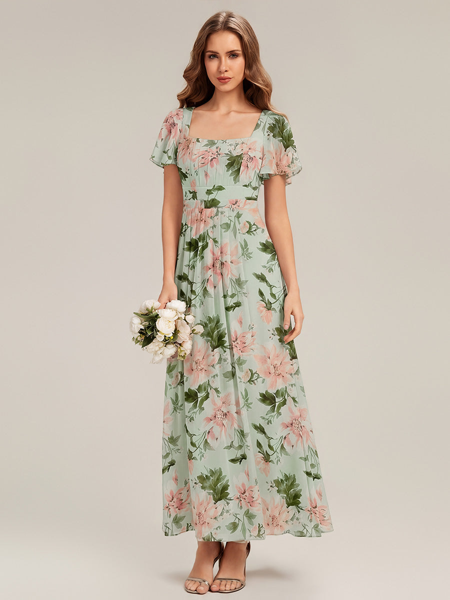 robe longue à manches courtes avec volants dos nu et fronces en forme de A #Couleur_Vert clair à fleurs