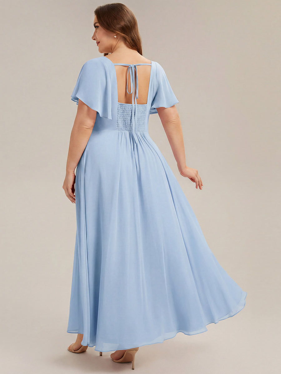 robe longue à manches courtes avec volants dos nu et fronces en forme de A #Couleur_Bleu Glace