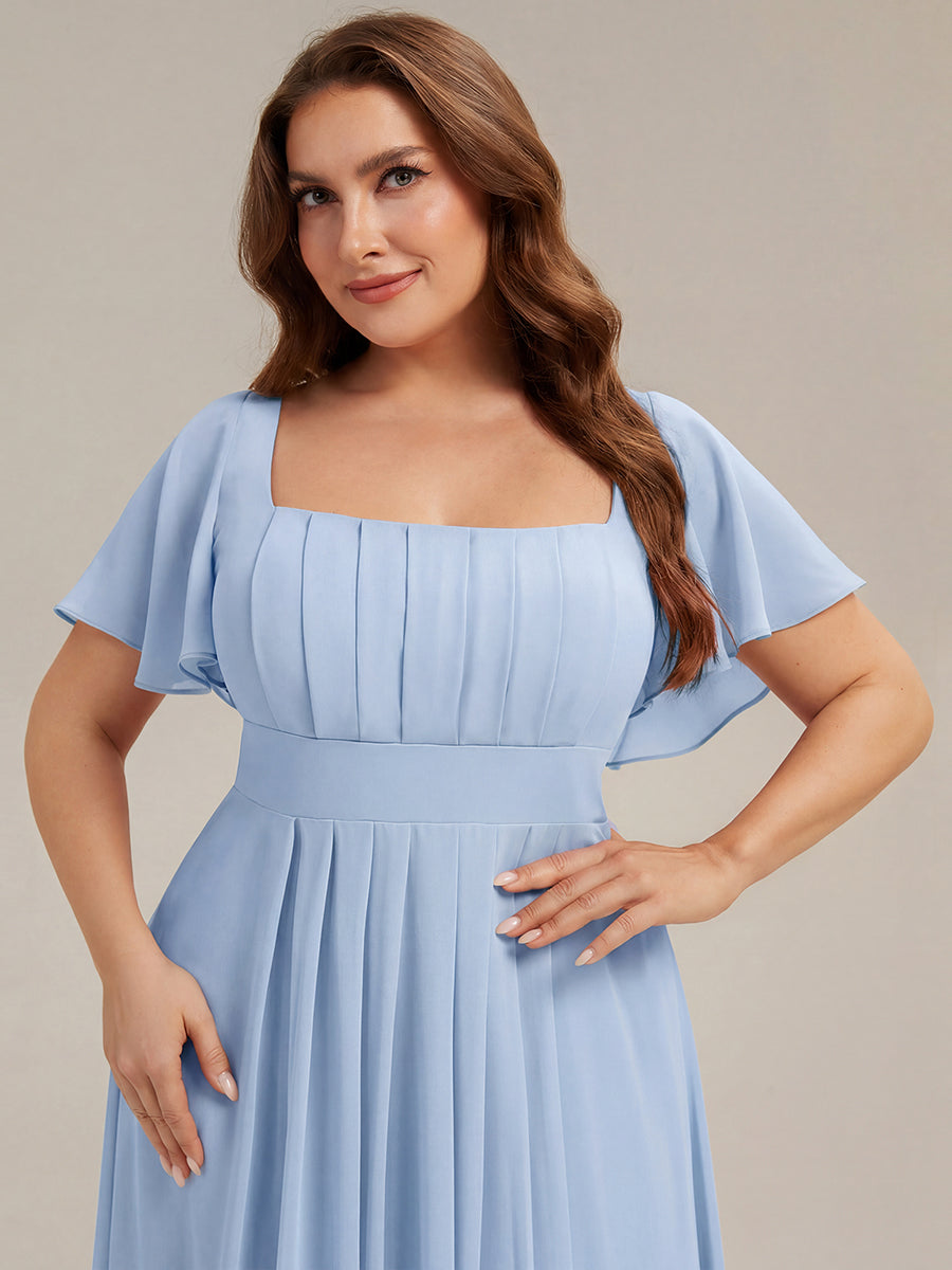 robe longue à manches courtes avec volants dos nu et fronces en forme de A #Couleur_Bleu Glace