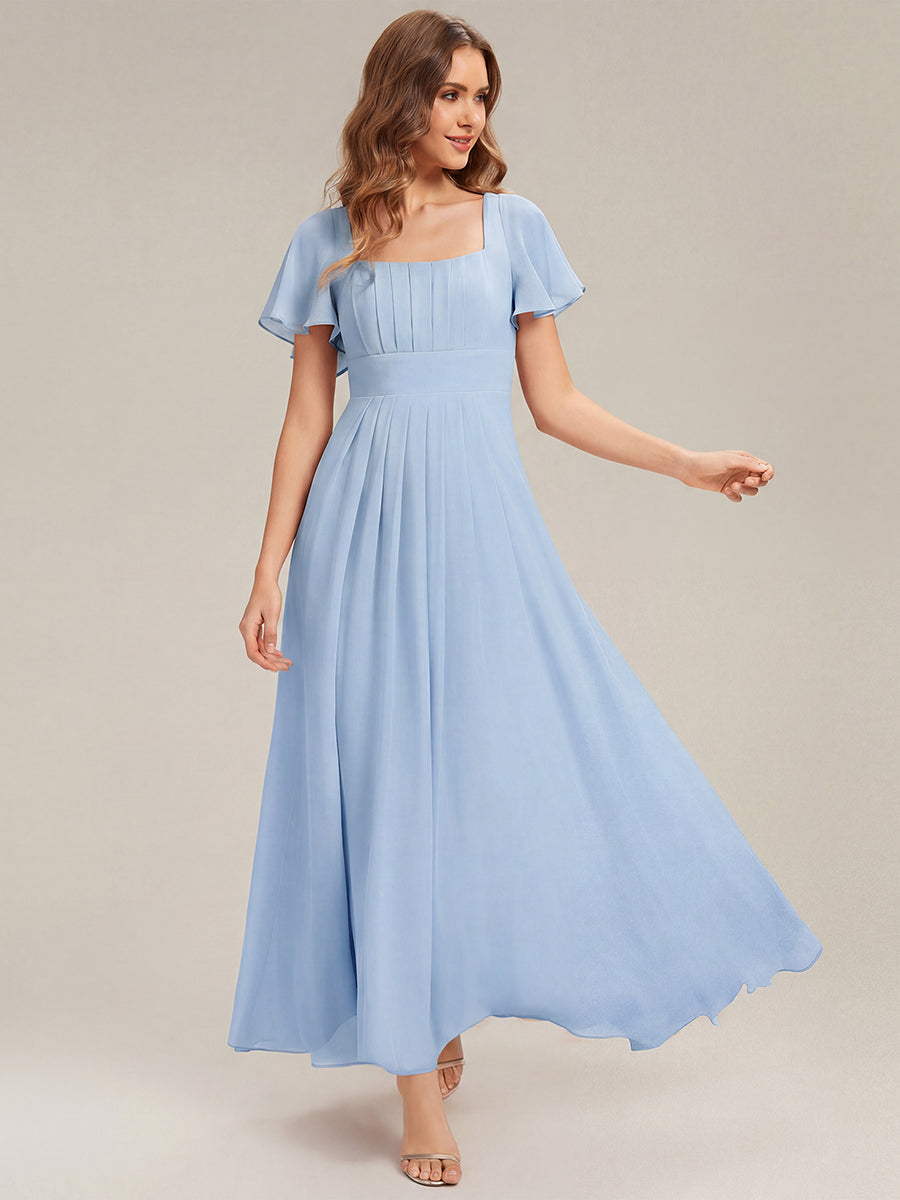 robe longue à manches courtes avec volants dos nu et fronces en forme de A #Couleur_Bleu Glace