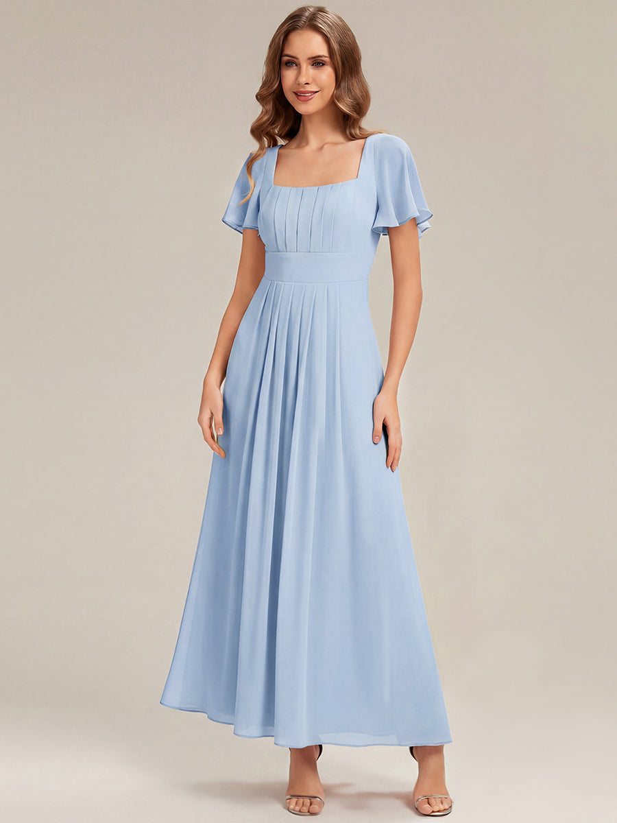 robe longue à manches courtes avec volants dos nu et fronces en forme de A #Couleur_Bleu Glace