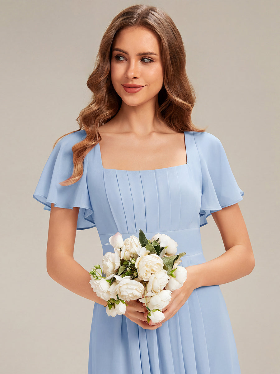 robe longue à manches courtes avec volants dos nu et fronces en forme de A #Couleur_Bleu Glace