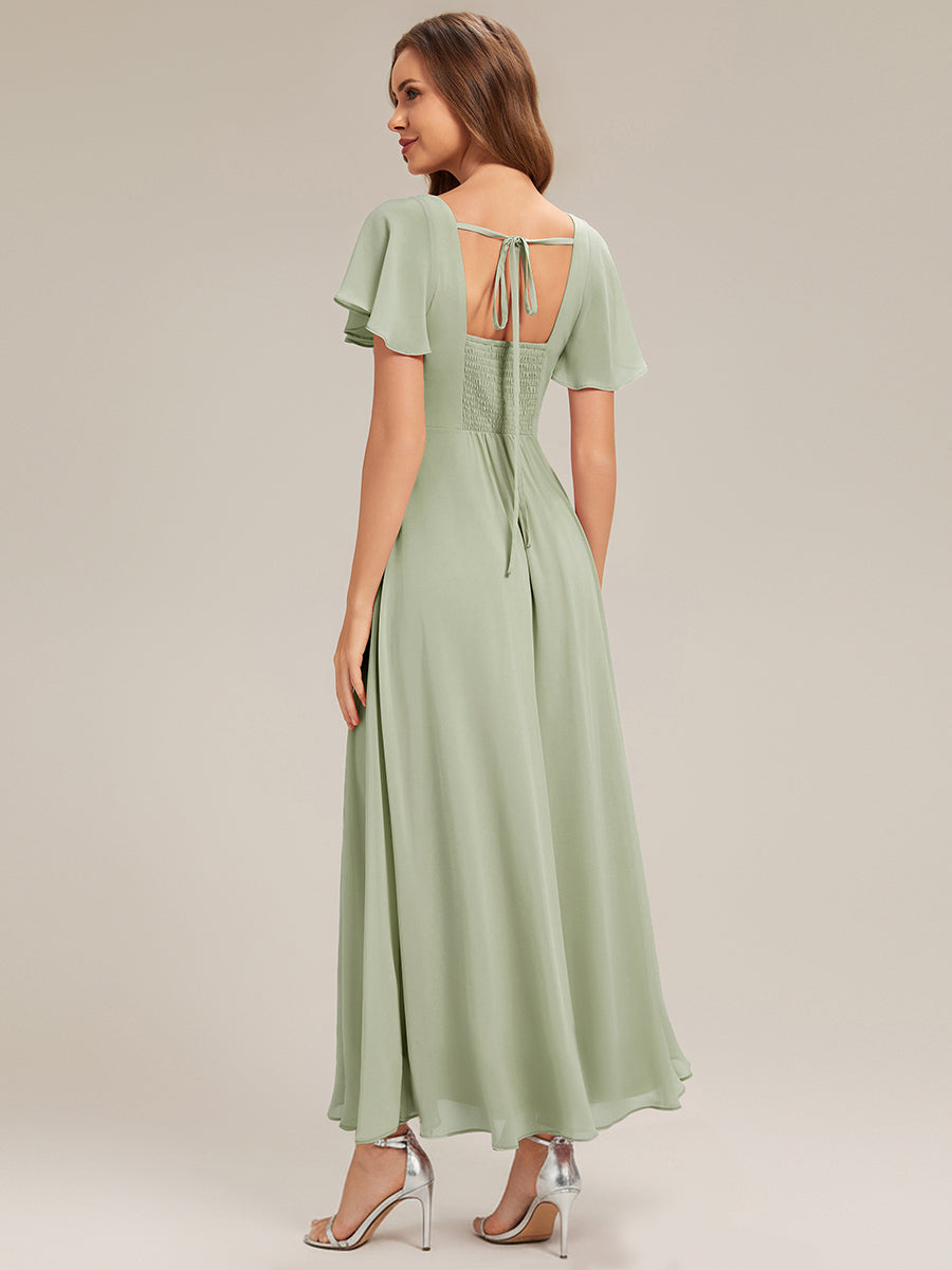 robe longue à manches courtes avec volants dos nu et fronces en forme de A #Couleur_Menthe Verte