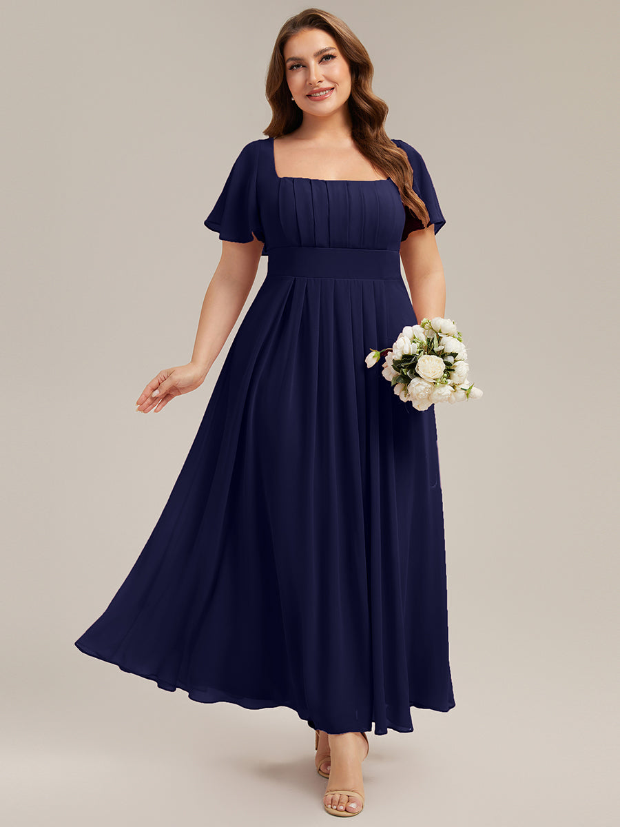 robe longue à manches courtes avec volants dos nu et fronces en forme de A #Couleur_Bleu Marine