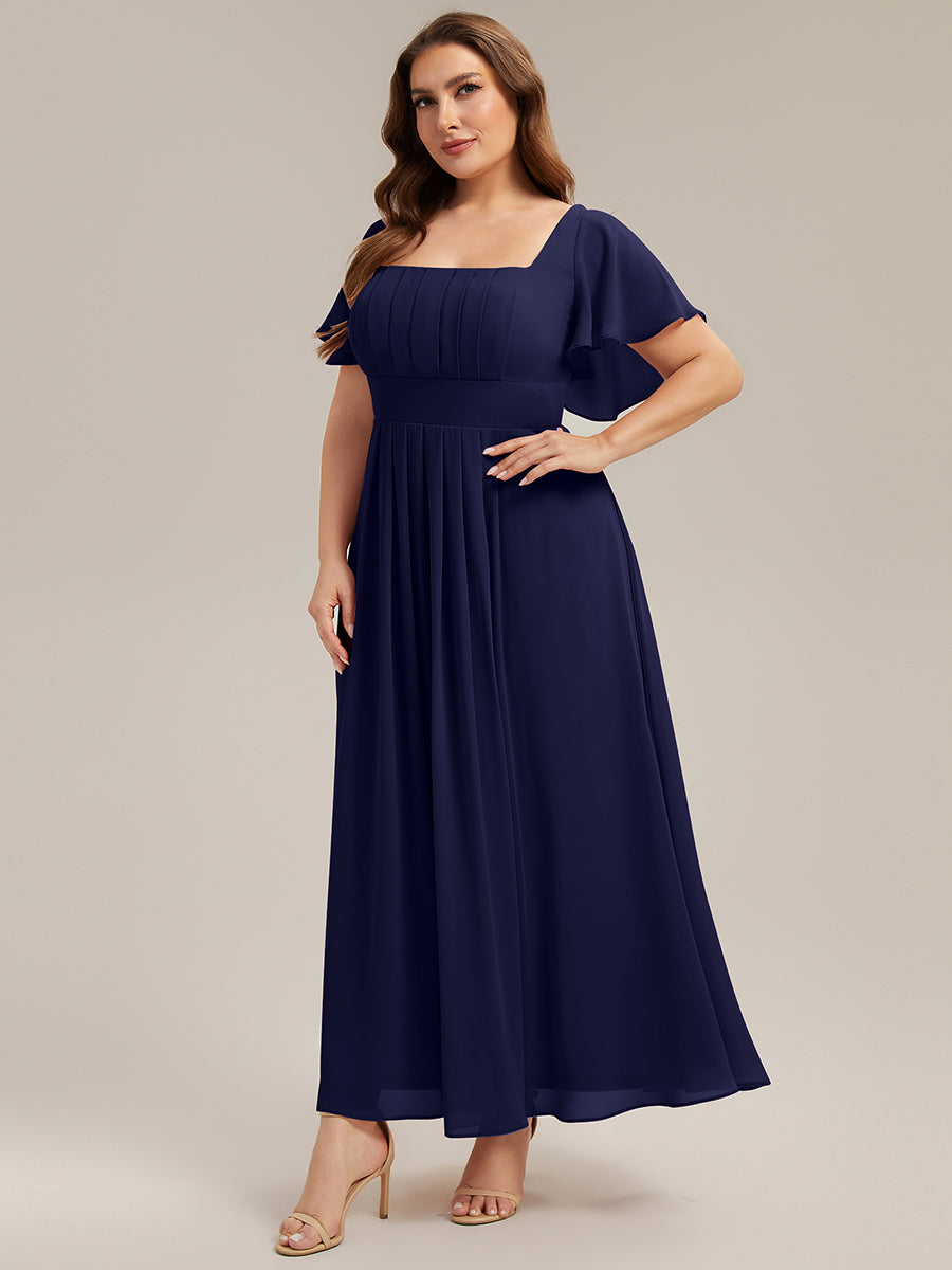 robe longue à manches courtes avec volants dos nu et fronces en forme de A #Couleur_Bleu Marine