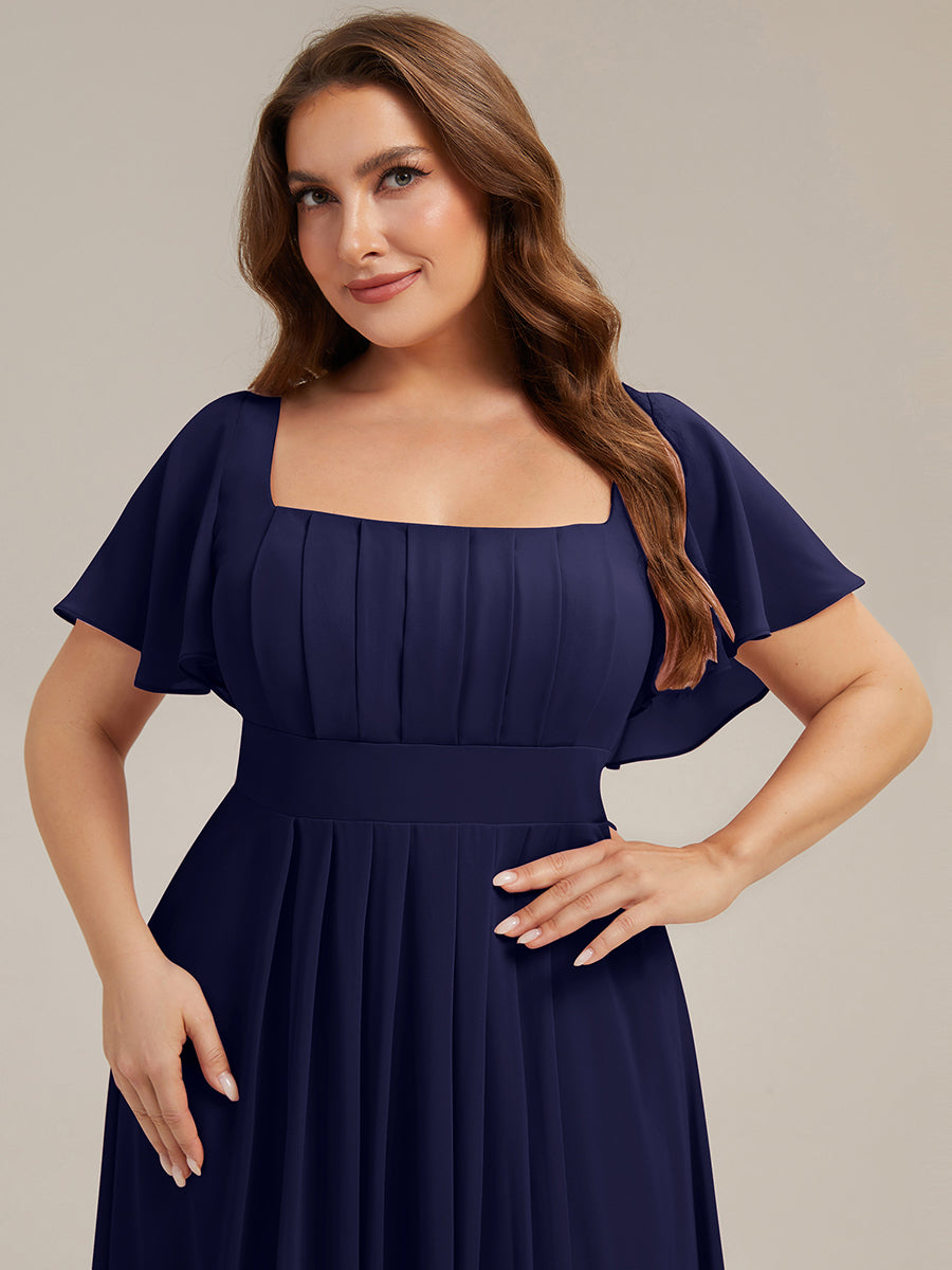 robe longue à manches courtes avec volants dos nu et fronces en forme de A #Couleur_Bleu Marine