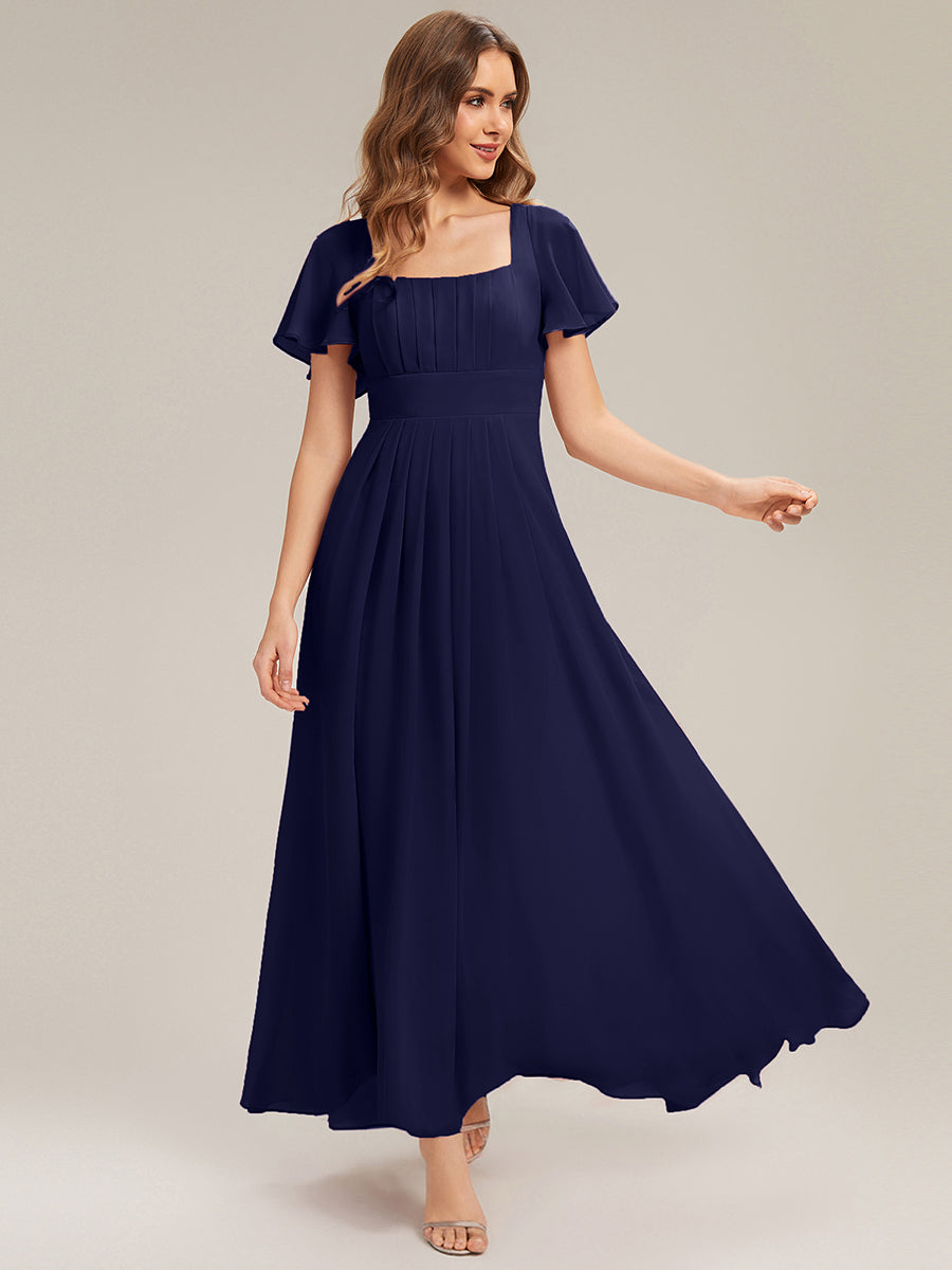 robe longue à manches courtes avec volants dos nu et fronces en forme de A #Couleur_Bleu Marine