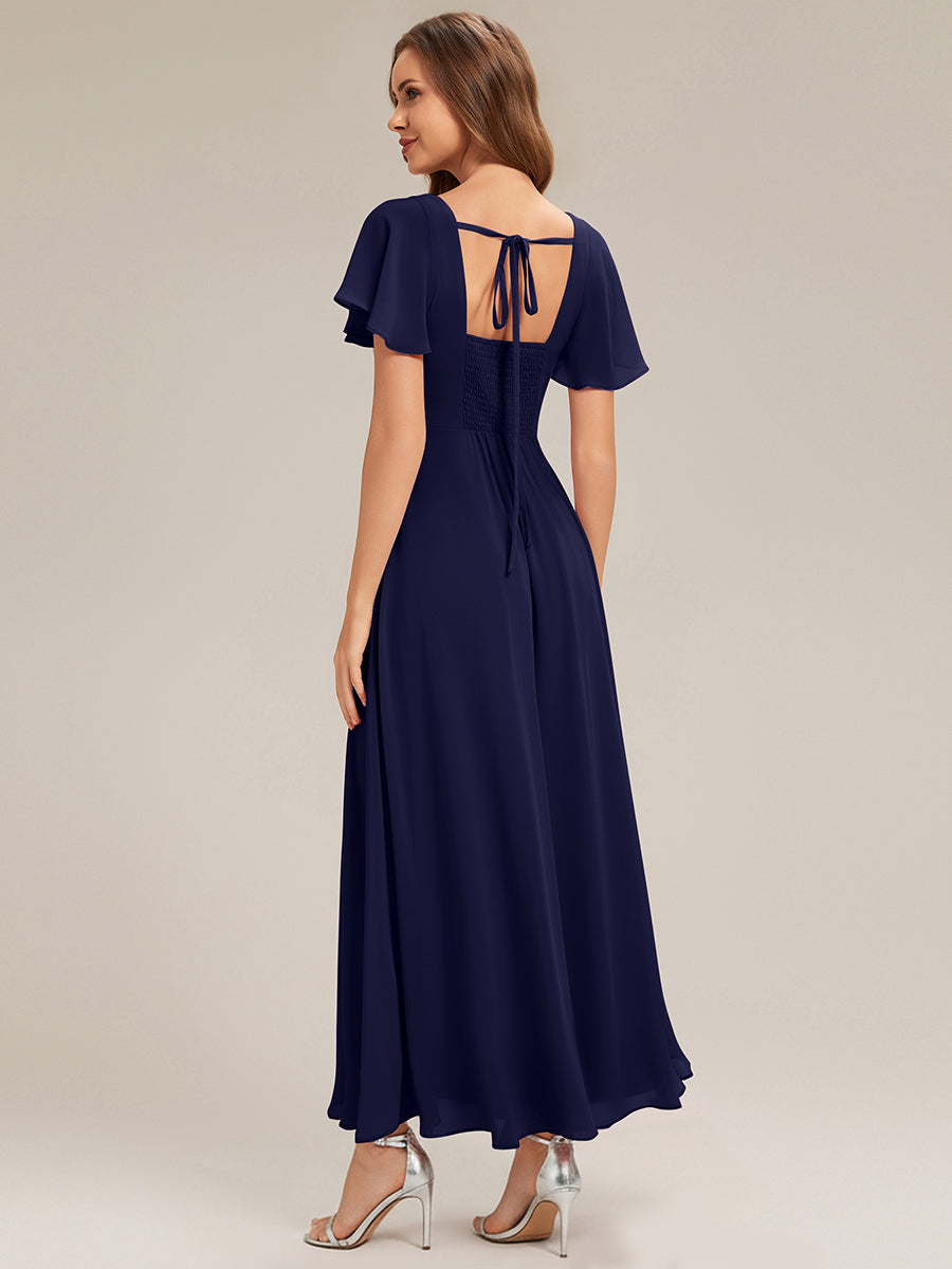 robe longue à manches courtes avec volants dos nu et fronces en forme de A #Couleur_Bleu Marine