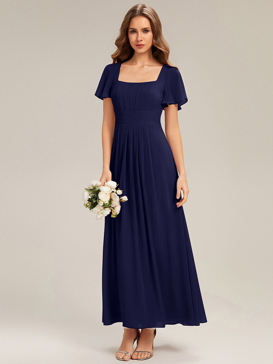 robe longue à manches courtes avec volants dos nu et fronces en forme de A #Couleur_Bleu Marine