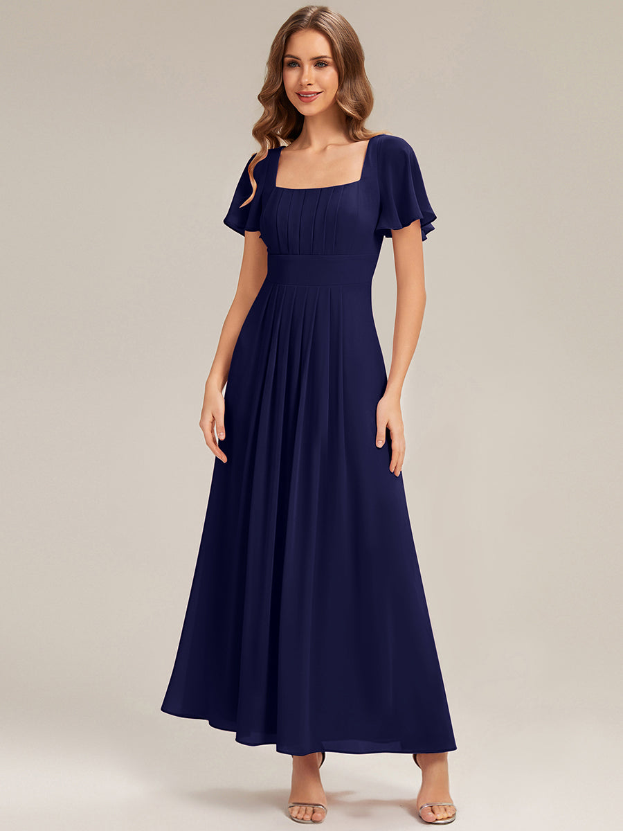 robe longue à manches courtes avec volants dos nu et fronces en forme de A #Couleur_Bleu Marine