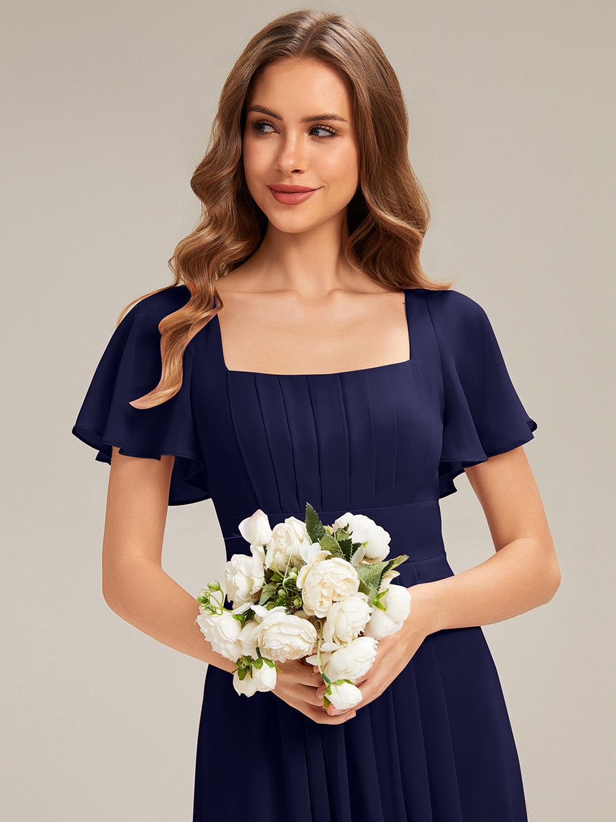 robe longue à manches courtes avec volants dos nu et fronces en forme de A #Couleur_Bleu Marine