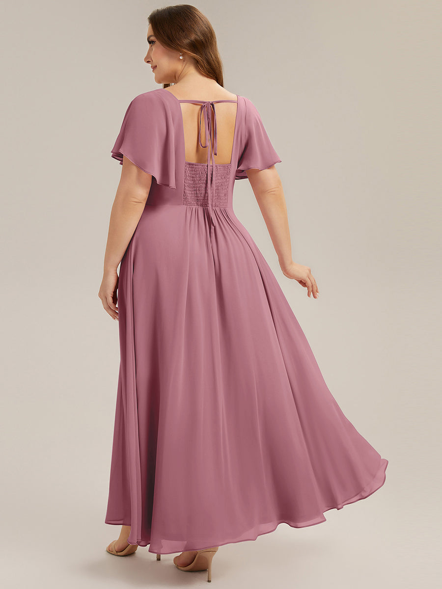 robe longue à manches courtes avec volants dos nu et fronces en forme de A #Couleur_Orchidee