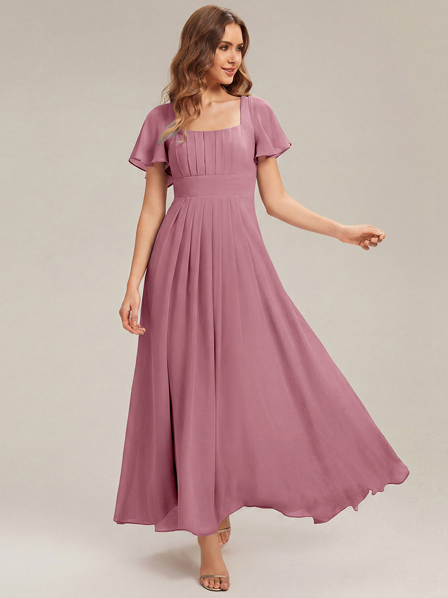 robe longue à manches courtes avec volants dos nu et fronces en forme de A #Couleur_Orchidee