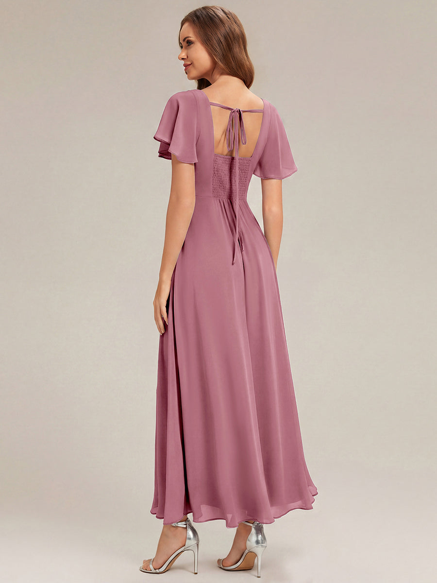 robe longue à manches courtes avec volants dos nu et fronces en forme de A #Couleur_Orchidee
