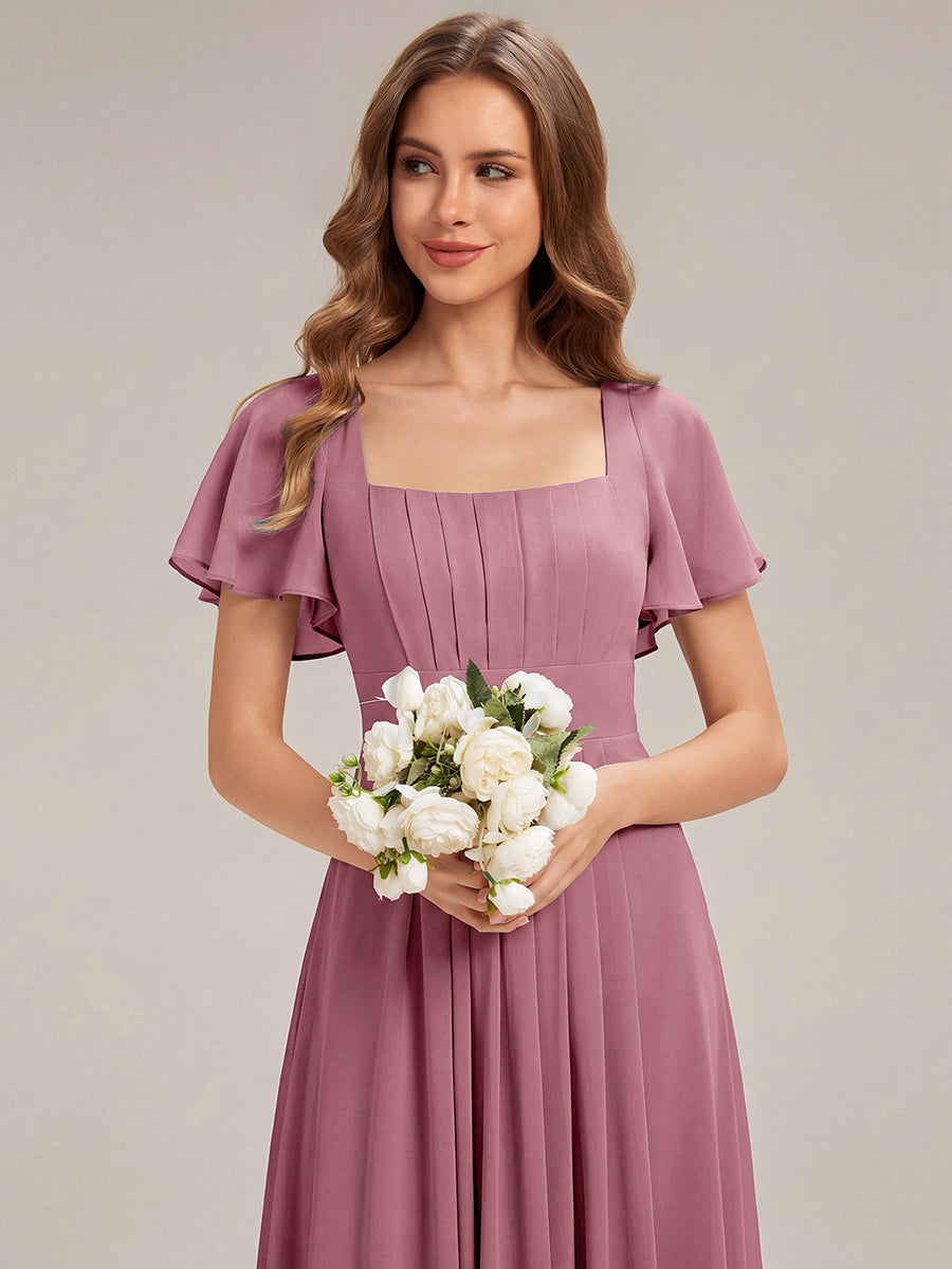 robe longue à manches courtes avec volants dos nu et fronces en forme de A #Couleur_Orchidee
