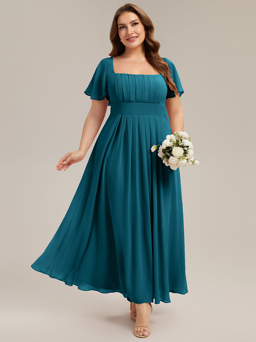 robe longue à manches courtes avec volants dos nu et fronces en forme de A #Couleur_Bleu Canard