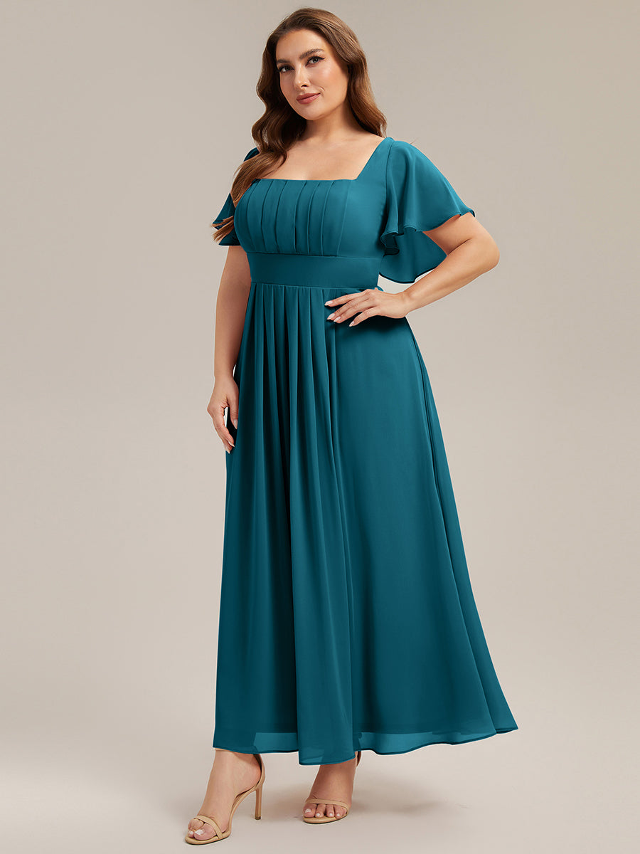 robe longue à manches courtes avec volants dos nu et fronces en forme de A #Couleur_Bleu Canard