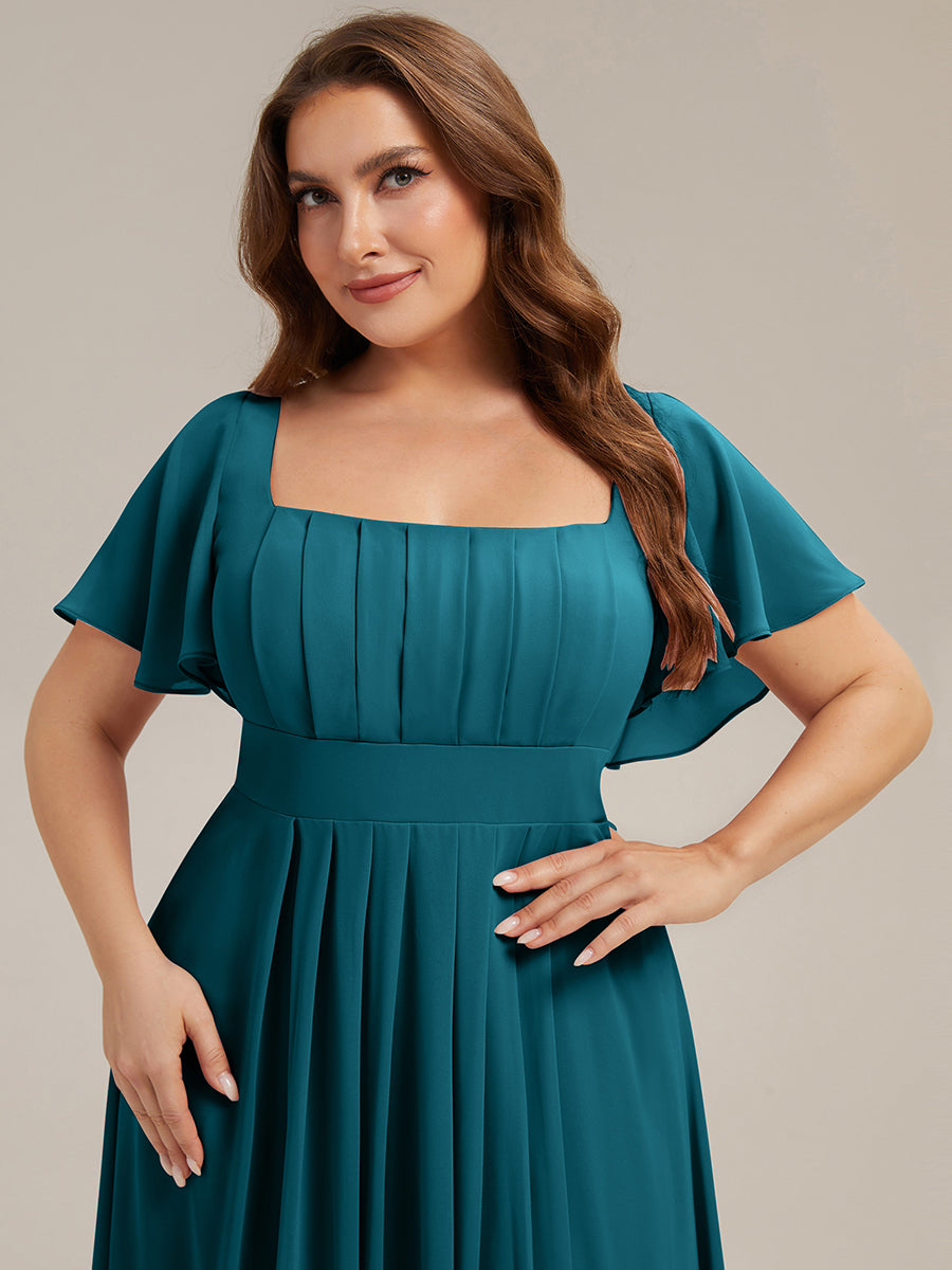 robe longue à manches courtes avec volants dos nu et fronces en forme de A #Couleur_Bleu Canard