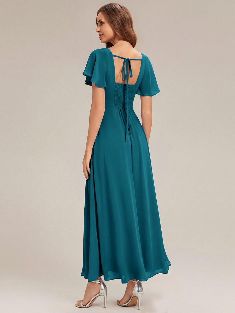 robe longue à manches courtes avec volants dos nu et fronces en forme de A #Couleur_Bleu Canard