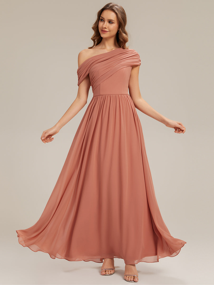 Robe longue asymétrique sans bretelles en A avec détail froncé #Couleur_Rose Corail