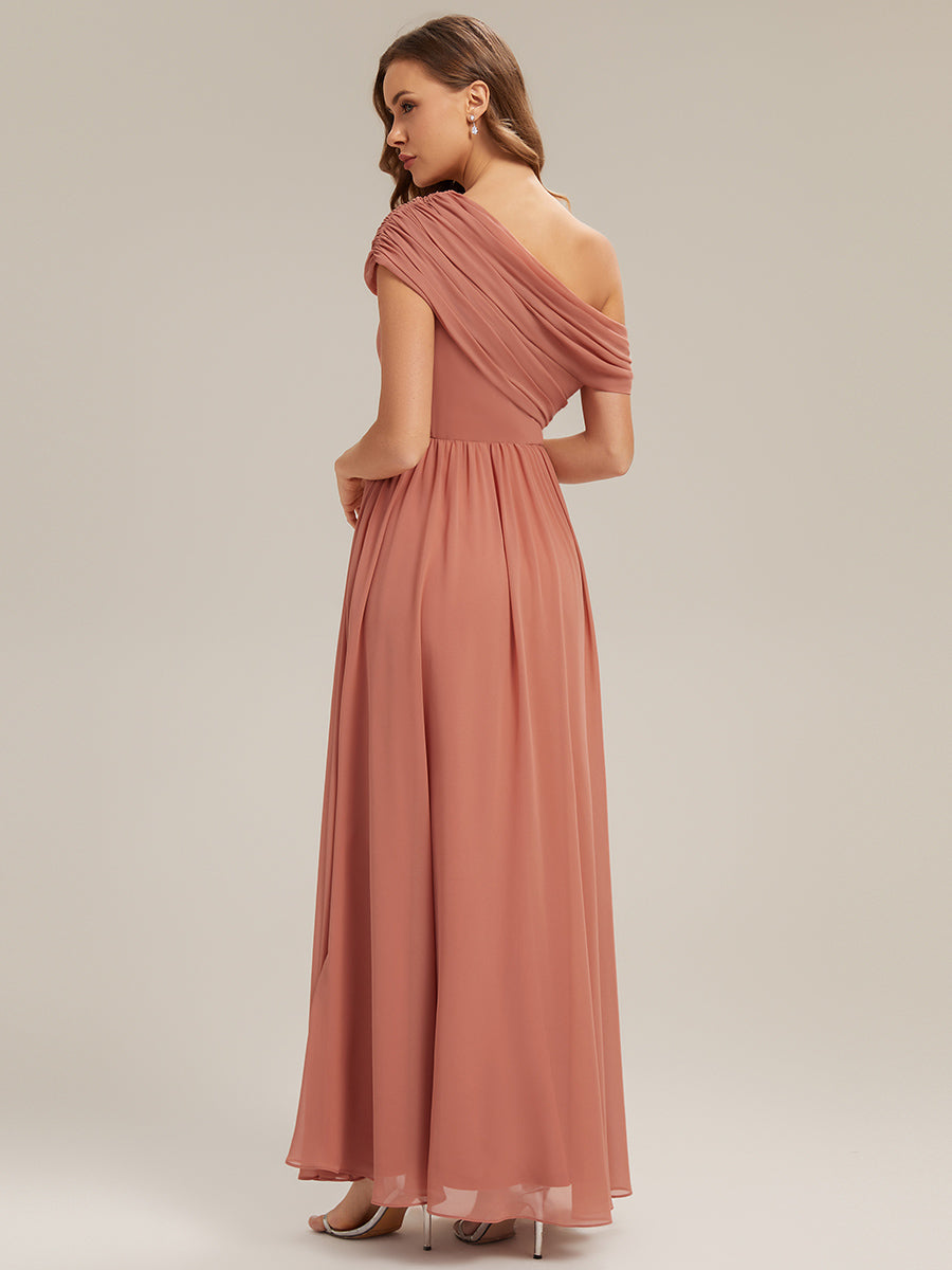 Robe longue asymétrique sans bretelles en A avec détail froncé #Couleur_Rose Corail