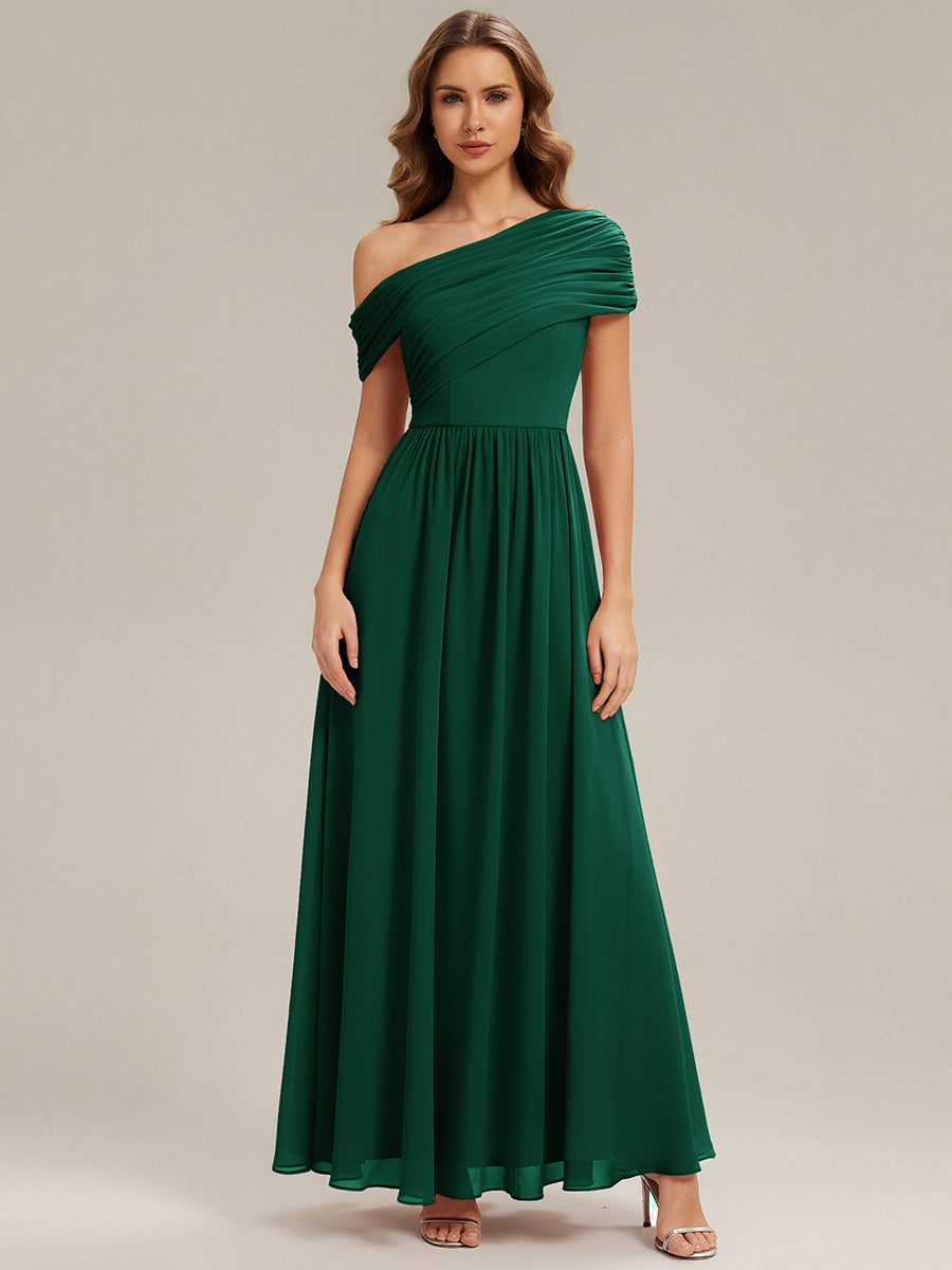 Robe longue asymétrique sans bretelles en A avec détail froncé #Couleur_Vert Fonce
