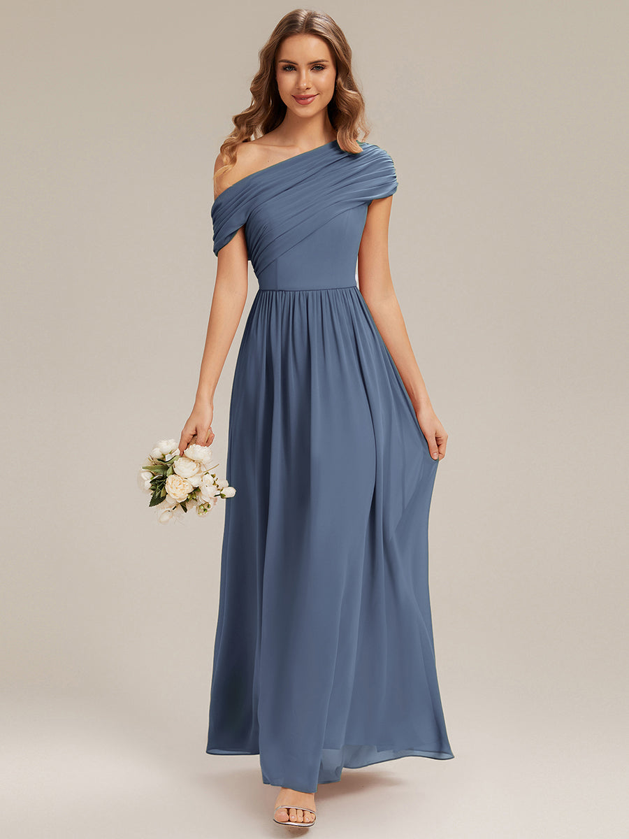 Robe longue asymétrique sans bretelles en A avec détail froncé #Couleur_Marine Fume