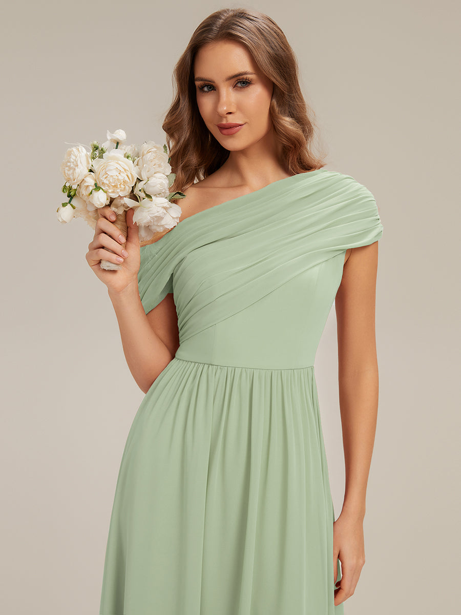 Robe longue asymétrique sans bretelles en A avec détail froncé #Couleur_Menthe Verte