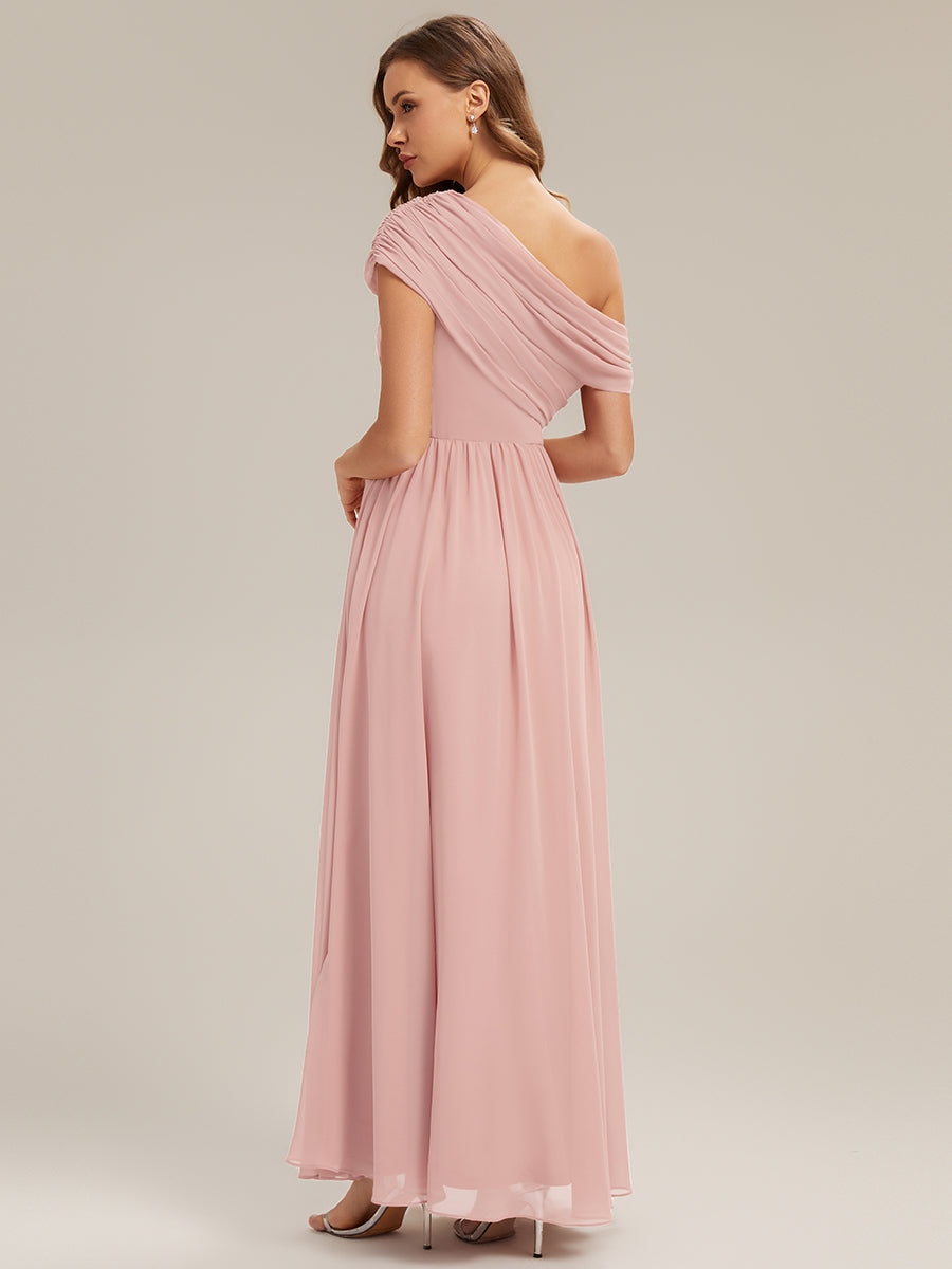 Robe longue asymétrique sans bretelles en A avec détail froncé #Couleur_Rose