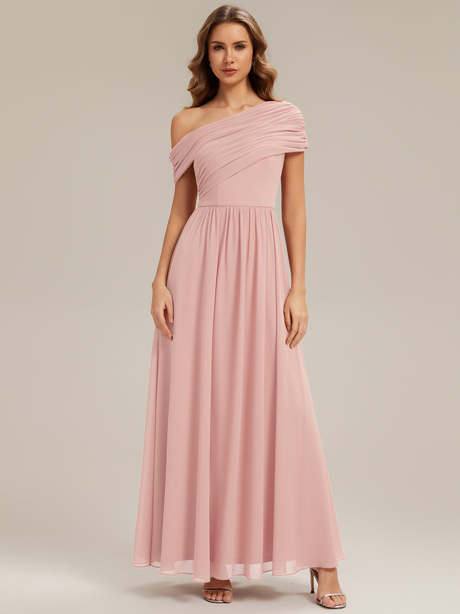 Robe longue asymétrique sans bretelles en A avec détail froncé #Couleur_Rose