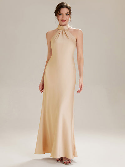 Robe sirène sans manches à col halter longueur sol avec fente haute et rubans fluides
