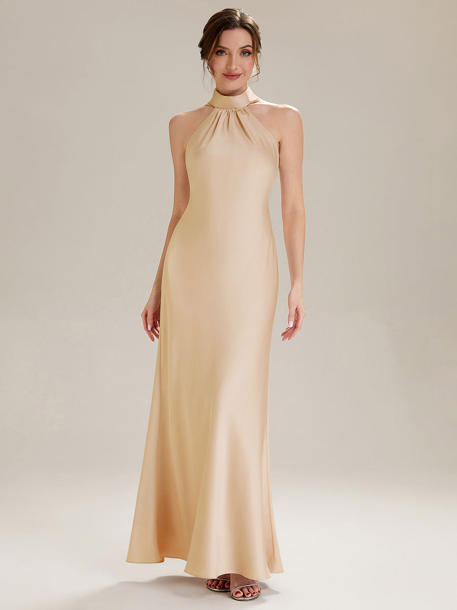 Robe sirène sans manches à col halter longueur sol avec fente haute et rubans fluides #Couleur_Charbon