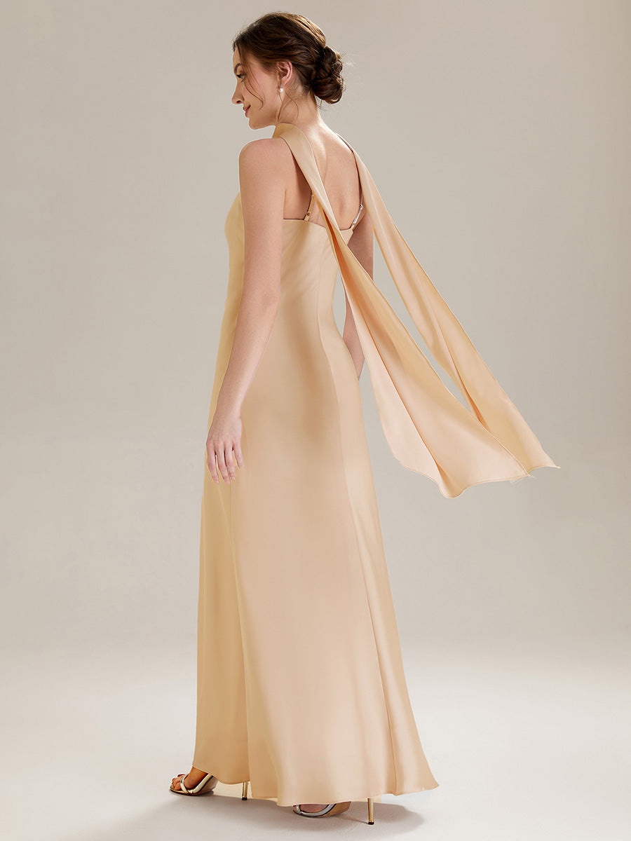 Robe sirène sans manches à col halter longueur sol avec fente haute et rubans fluides #Couleur_Charbon