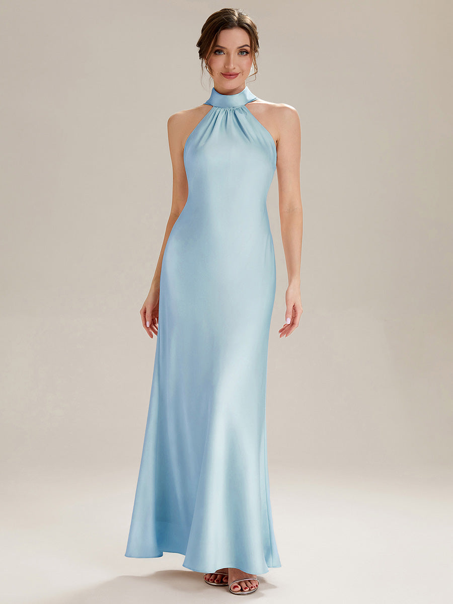 Robe sirène sans manches à col halter longueur sol avec fente haute et rubans fluides #Couleur_Bleu Glace