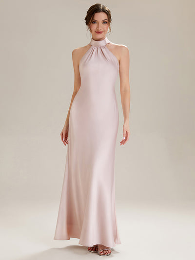 Robe sirène sans manches à col halter longueur sol avec fente haute et rubans fluides
