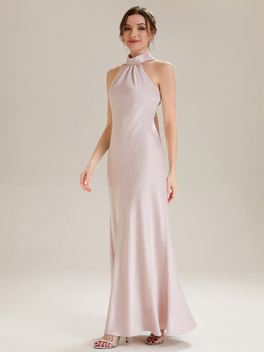 Robe sirène sans manches à col halter longueur sol avec fente haute et rubans fluides #Couleur_Rose