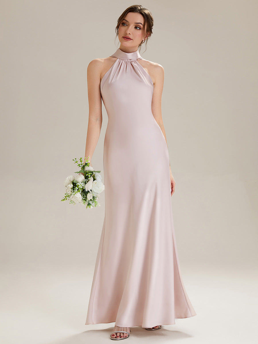Robe sirène sans manches à col halter longueur sol avec fente haute et rubans fluides #Couleur_Rose