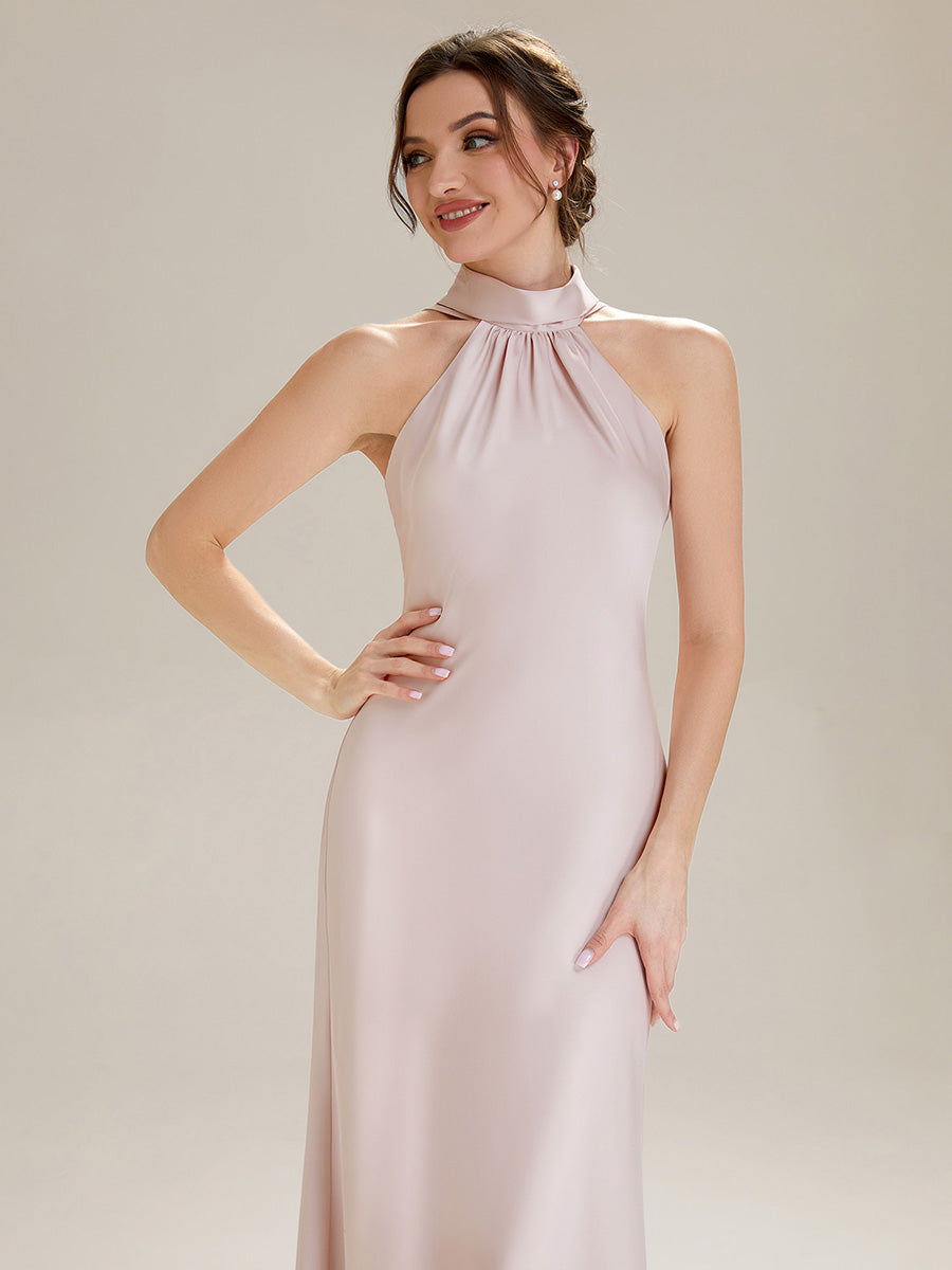 Robe sirène sans manches à col halter longueur sol avec fente haute et rubans fluides #Couleur_Rose