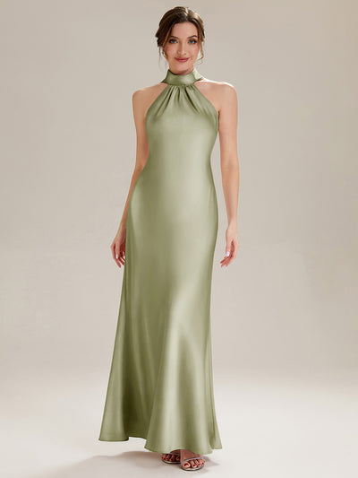 Robe sirène sans manches à col halter longueur sol avec fente haute et rubans fluides