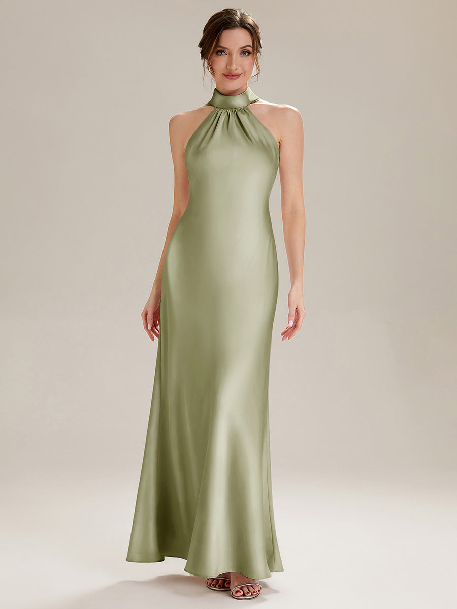 Robe sirène sans manches à col halter longueur sol avec fente haute et rubans fluides #Couleur_Vert sauge