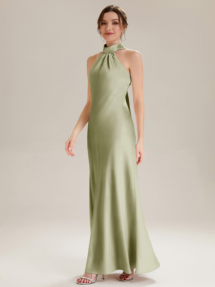 Robe sirène sans manches à col halter longueur sol avec fente haute et rubans fluides #Couleur_Vert sauge