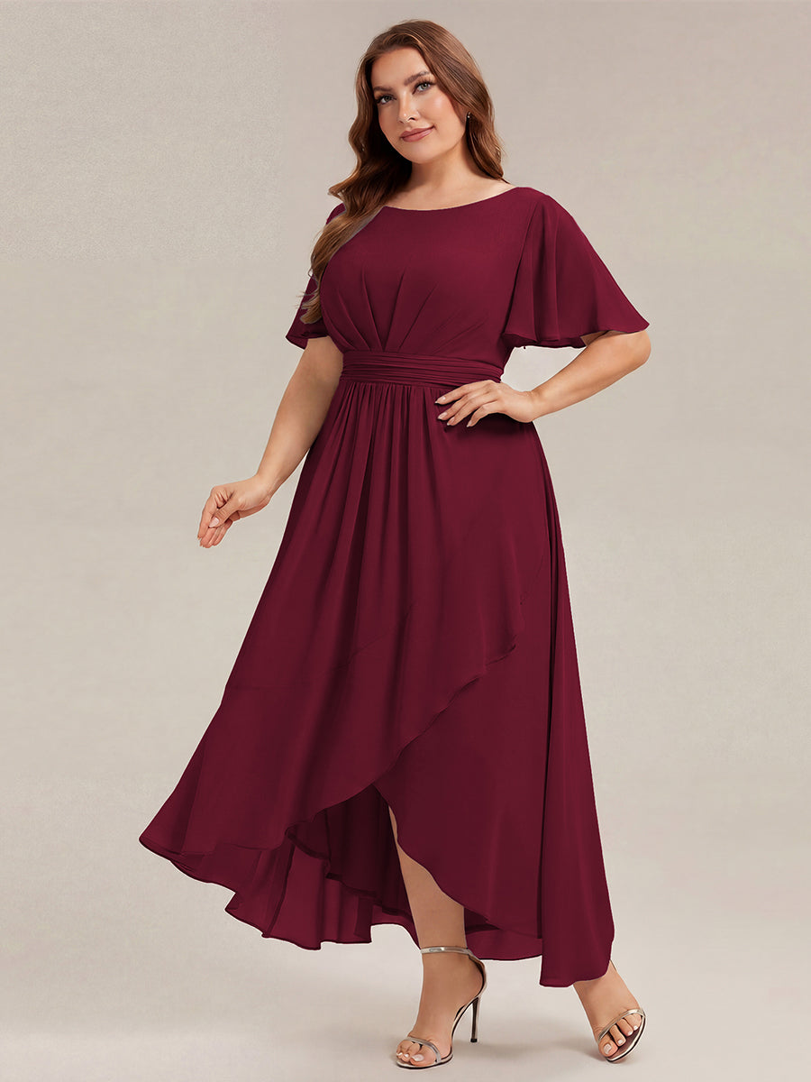 Robe asymétrique sans manches à volants avec détails plissés et ourlet haut bas #Couleur_Bordeaux
